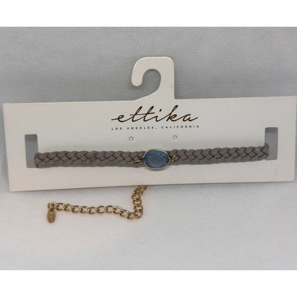 NEW ETTIKA ANTHROPOLOGY Gold-Tone Gray Leather Woven Strap Choker Necklace - Picture 1 of 2